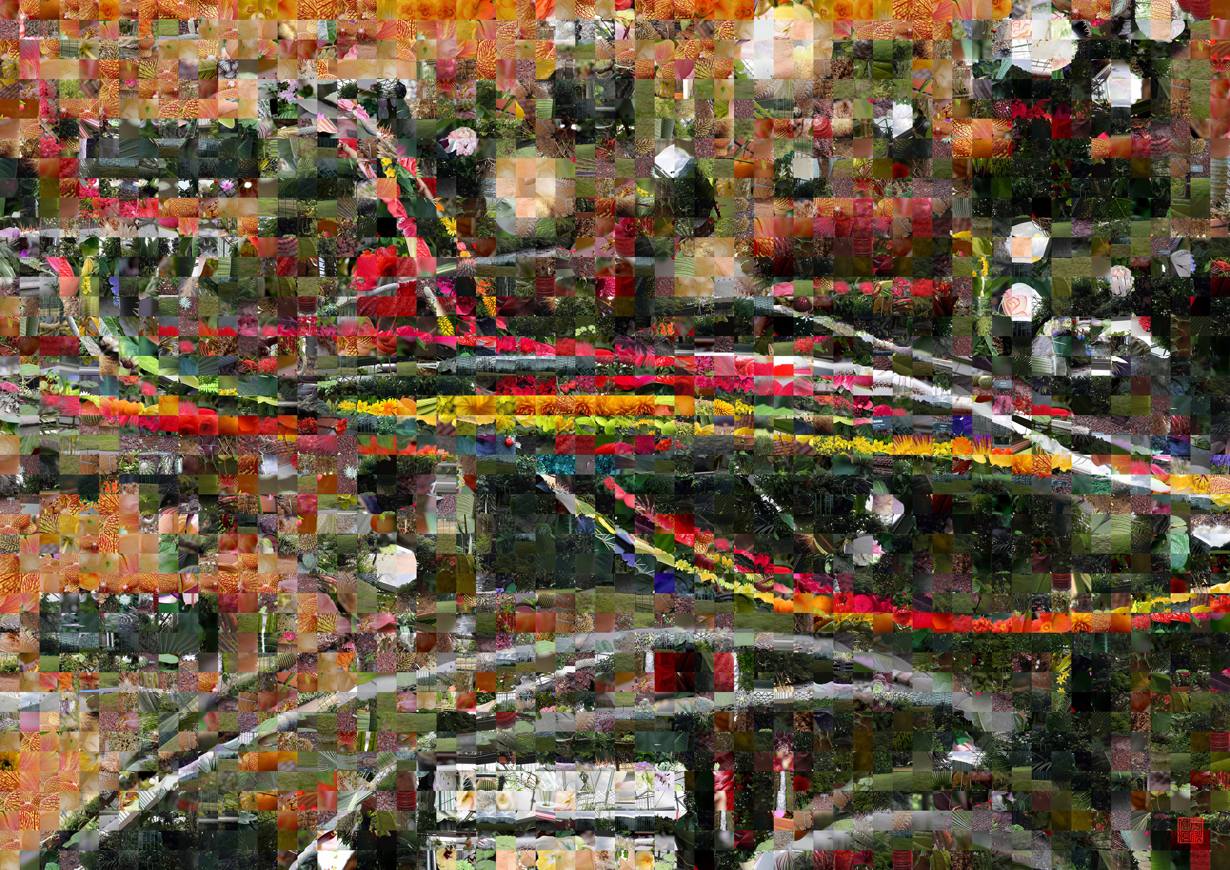Zen City 006 - A Pixel Montage artwork by Kenji Ichikawa. Composed of colorful botanical materials arranged like circuitry, symbolizing unseen links between nature and technology.