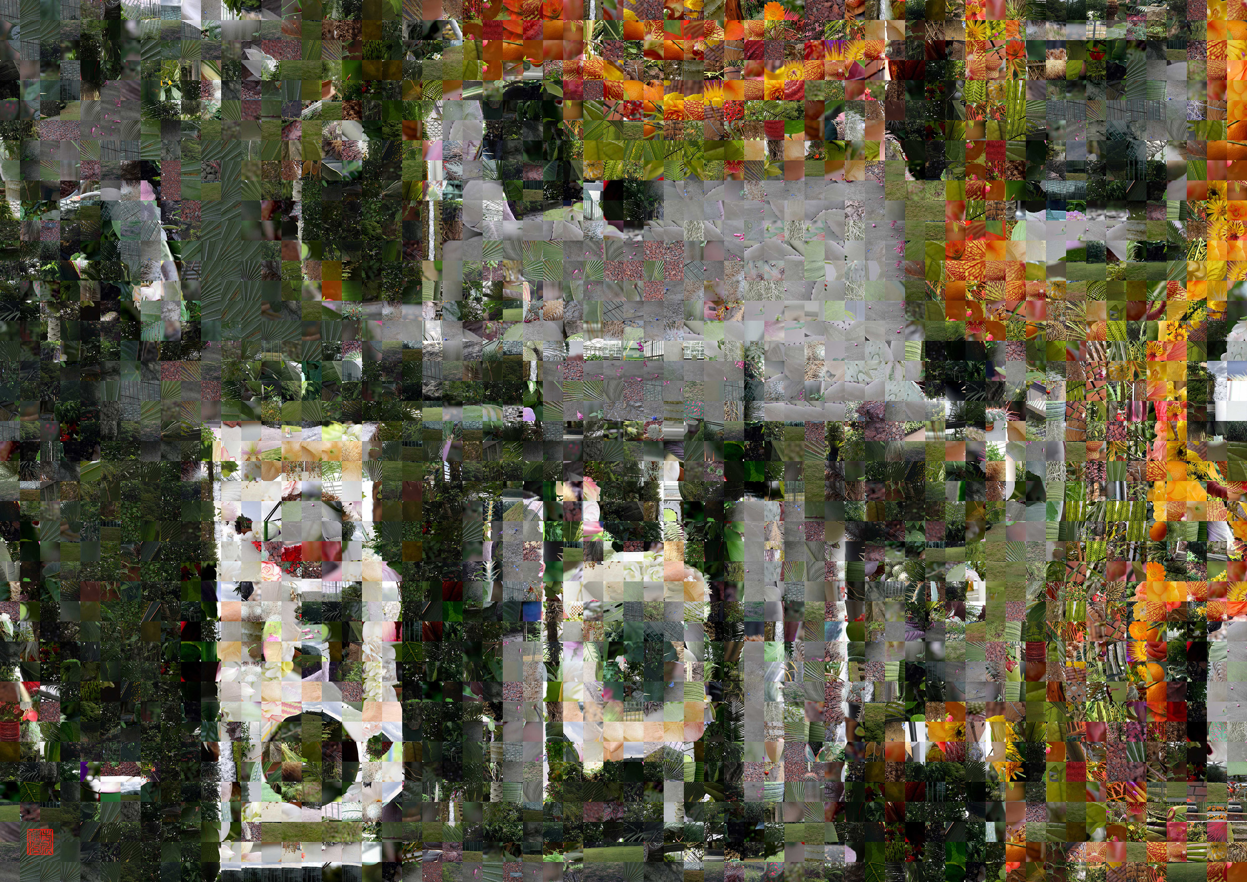 Zen City 014 - A Pixel Montage artwork by Kenji Ichikawa. A mechanical-looking structure made from plant textures that quietly questions the boundary between the natural and the artificial.