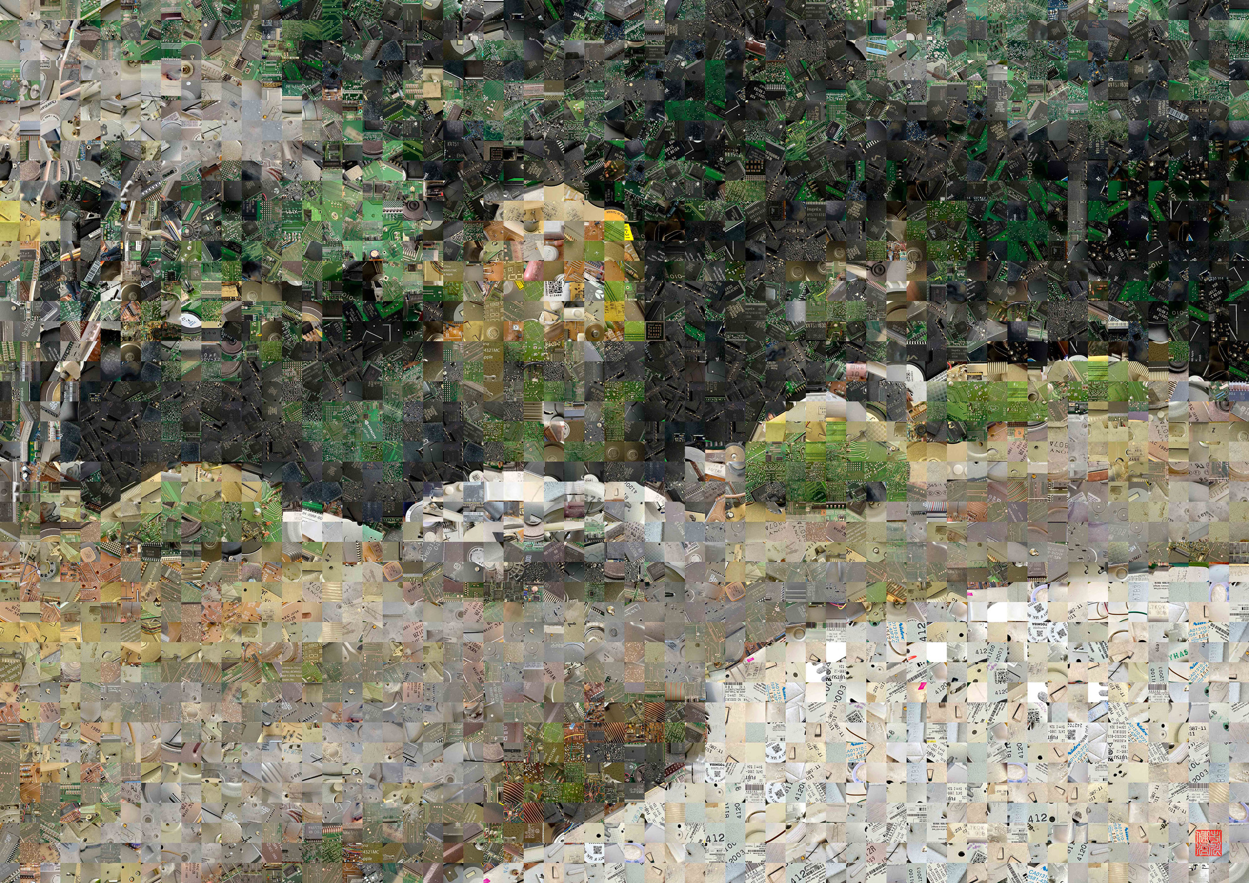 Zen Garden 002 – A Pixel Montage artwork by Kenji Ichikawa. It reconstructs photographs of electronic circuits to represent the North Pond of the Hojo Garden at Chion-in.