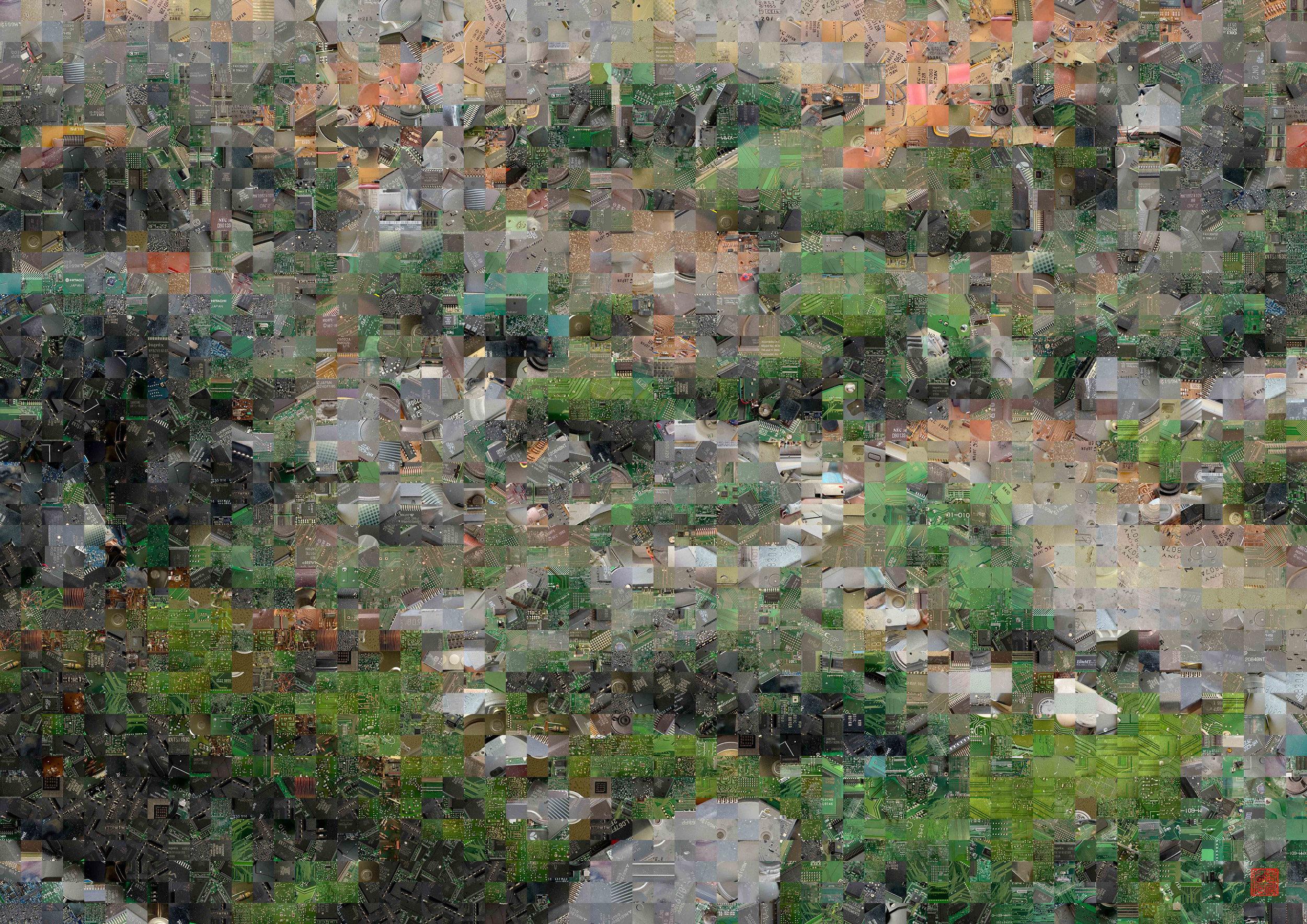  Zen Garden 004 – A Pixel Montage artwork by Kenji Ichikawa. It reconstructs photographs of electronic circuits to represent the Crane and Tortoise Garden at Genkō-an.