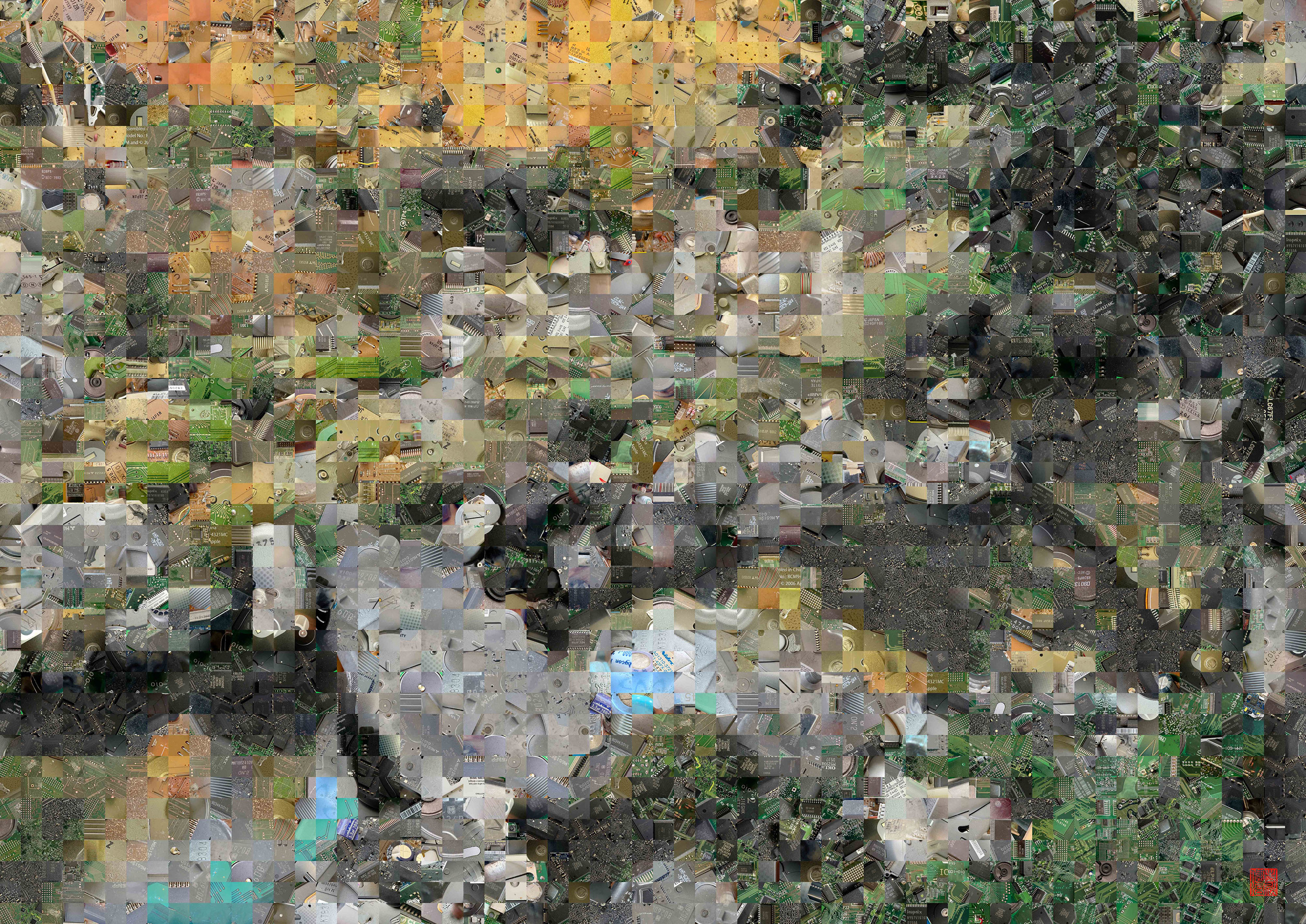 Zen Garden 019 – A Pixel Montage artwork by Kenji Ichikawa. It reconstructs photographs of electronic circuits to represent the pond-strolling garden of Tōji-in.