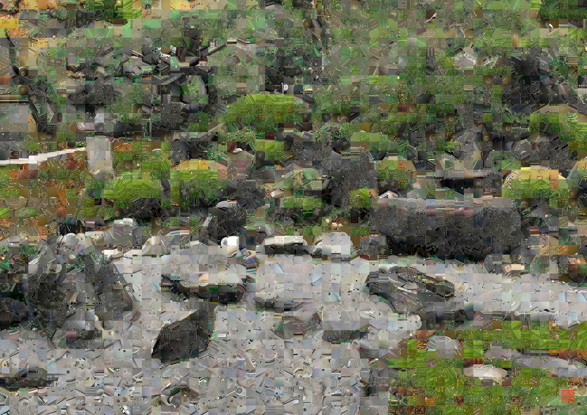 Zen Garden 021 – A Pixel Montage artwork by Kenji Ichikawa. It reconstructs photographs of electronic circuits to represent the “Snow Garden” of Myōman-ji.