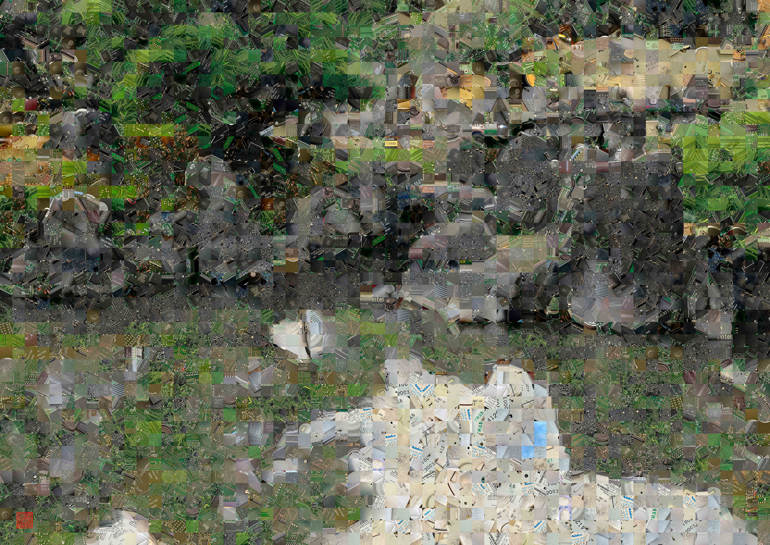 Zen Garden 024 – A Pixel Montage artwork by Kenji Ichikawa. It reconstructs photographs of electronic circuits to represent the “Hachijin-no-niwa” of the Ninomaru Garden at Nijō Castle.