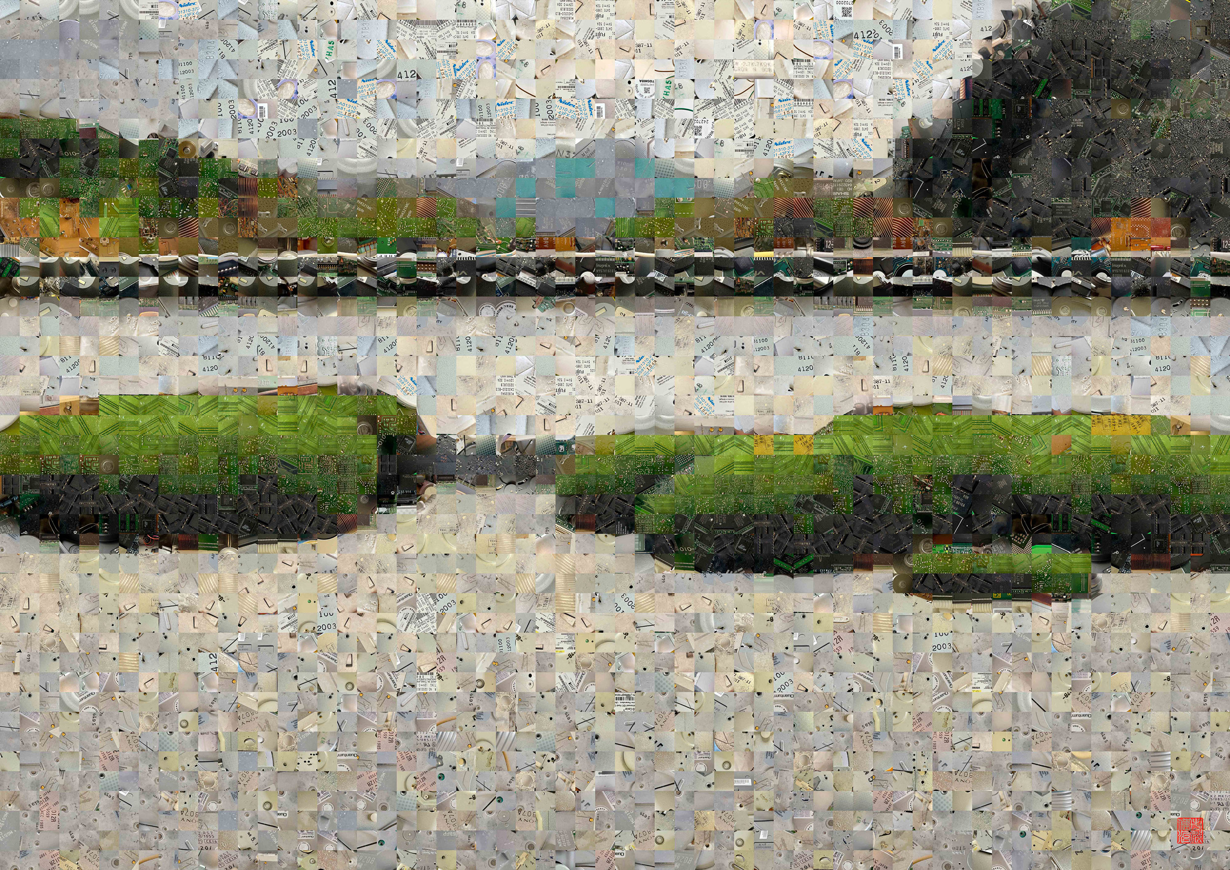 Zen Garden 031 – A Pixel Montage artwork by Kenji Ichikawa. It reconstructs photographs of electronic circuits to represent the borrowed-view garden of Shōden-ji.