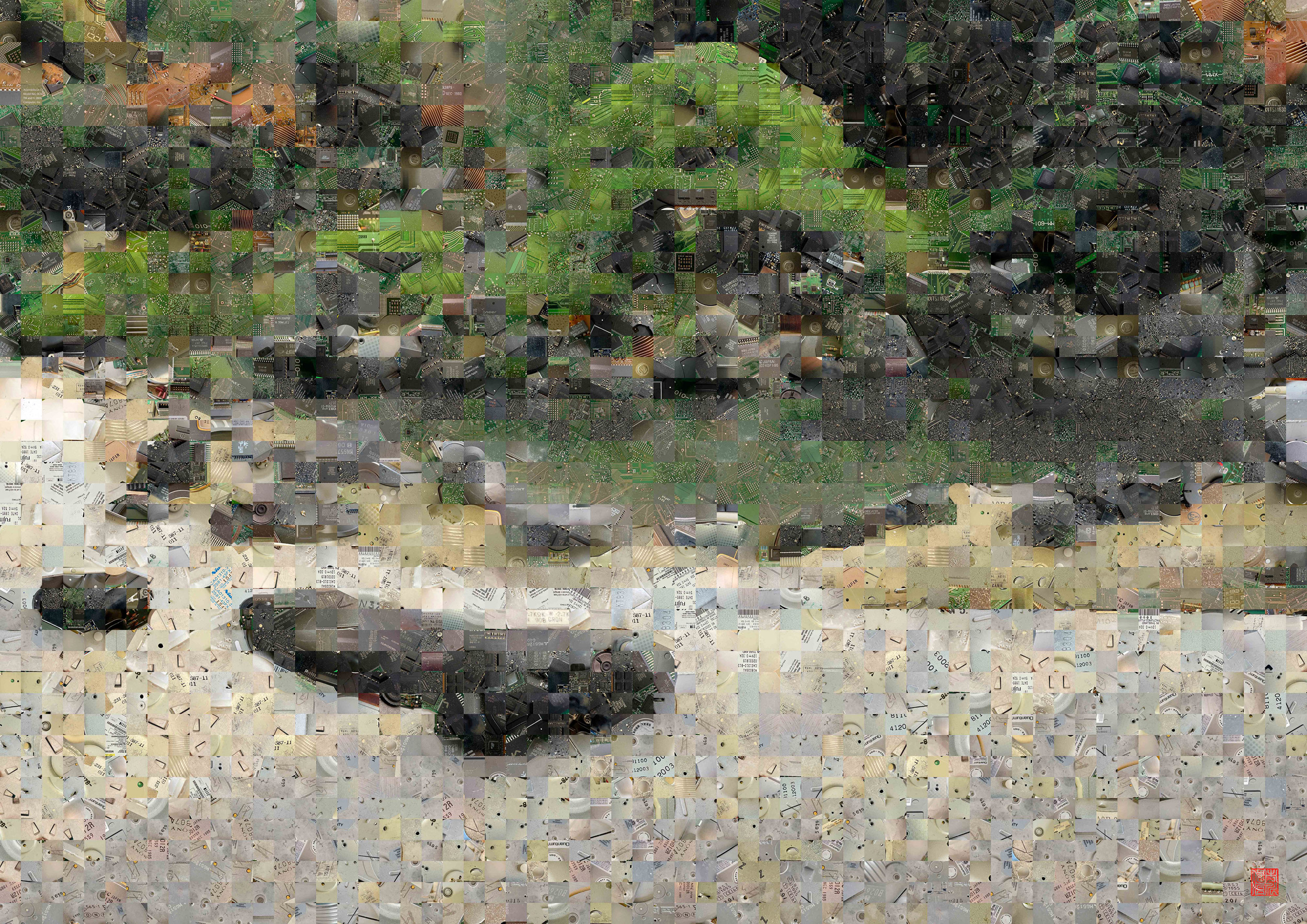 en Garden 032 – A Pixel Montage artwork by Kenji Ichikawa. It reconstructs photographs of electronic circuits to represent the Sanbō-in Garden at Daigo-ji (second work).