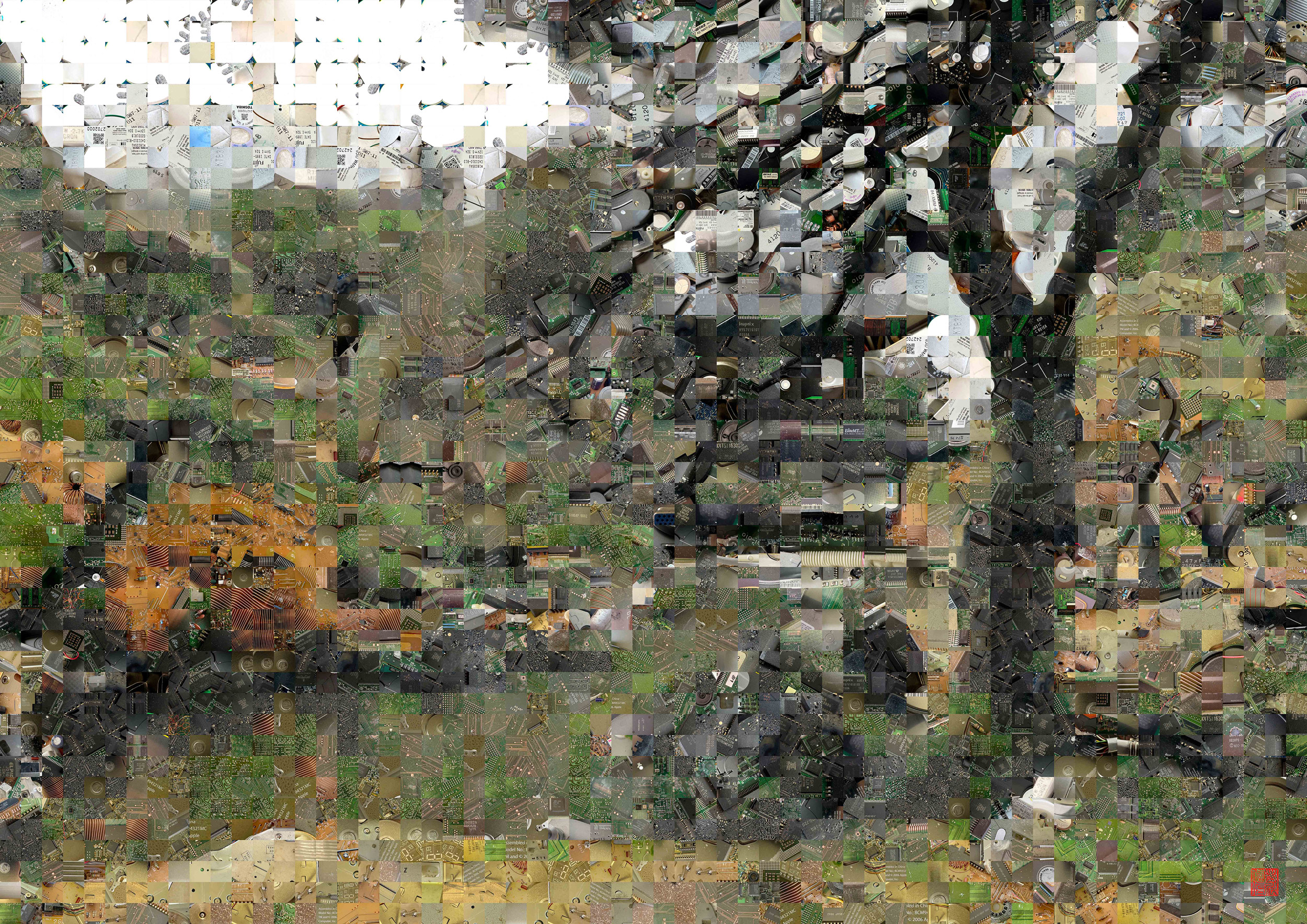 Zen Garden 037 – A Pixel Montage artwork by Kenji Ichikawa. It reconstructs photographs of electronic circuits to represent the pond-strolling garden of Ginkaku-ji (Jishō-ji) (second work).